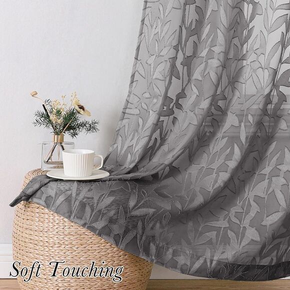 Charcoal Grey Textured Leaf Design Sheer Curtains, 2 Panels Jacquard Curtain - Picture 3 of 11